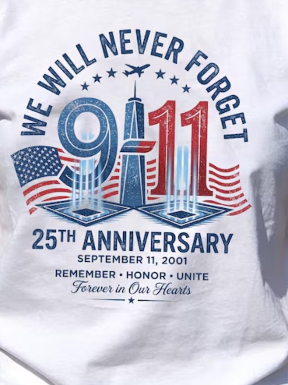 9-11 25th Anniversary Shirt, We Will Never Forget Tee - Picture 2 of 5